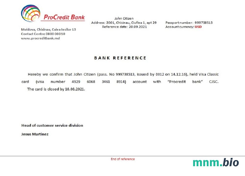 Mołdawia ProCredit Bank zamknięcie przykład odniesienia w formatach Word i PDF